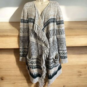 CABI Shetland Boho Southwestern Asymmetrical Fringe Open Front Cardigan Sweater